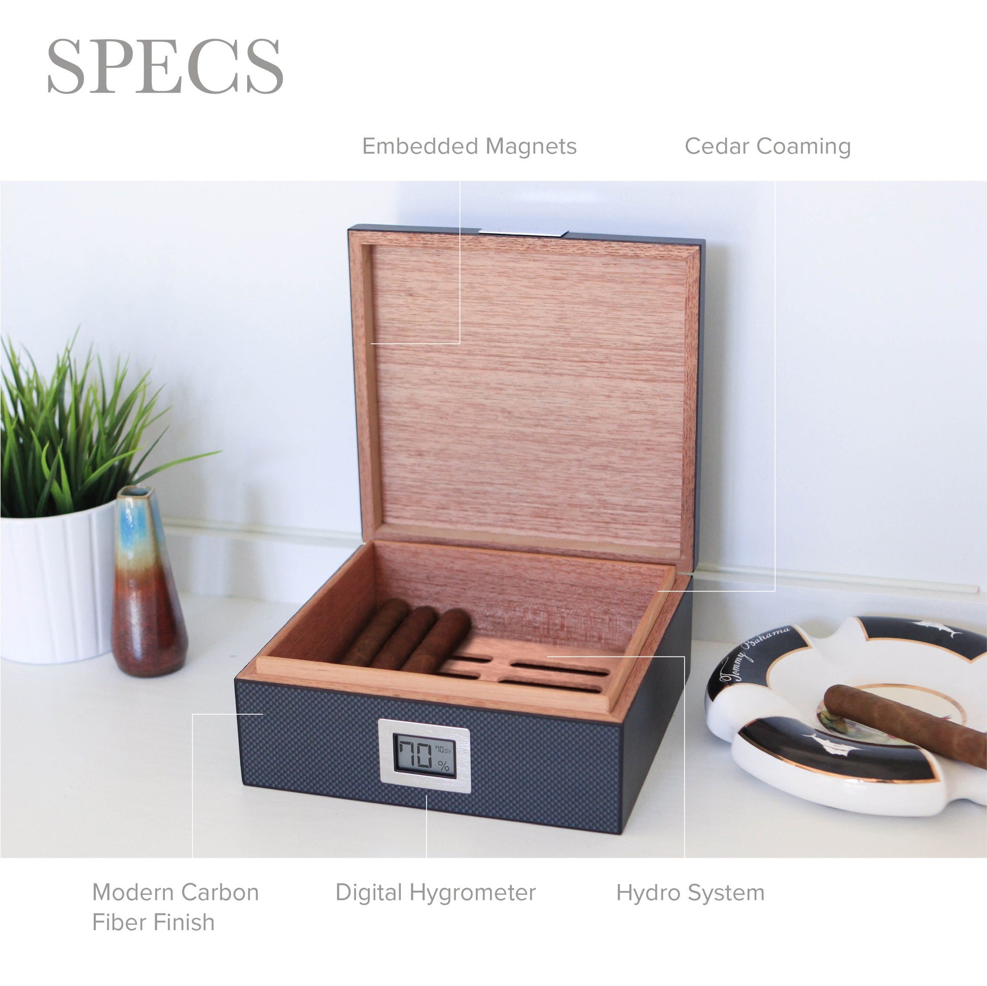 Elite Carbon Fiber Cigar Humidor - 100% Spanish Cedar Interior