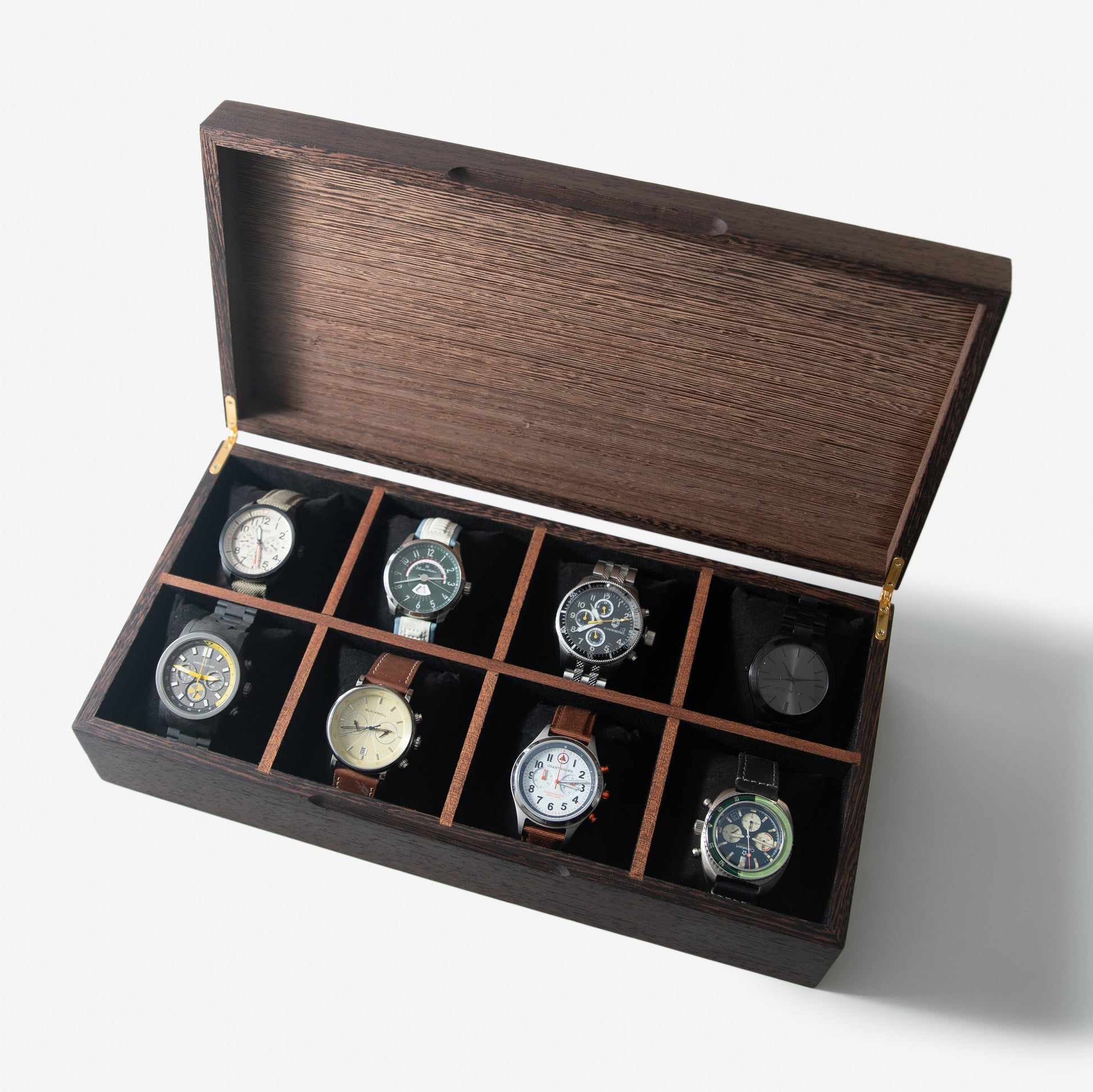Wenge Hardwood Watch Box - 8 Watch Compartments - Soft-Pillowed Base - Personalized Gift
