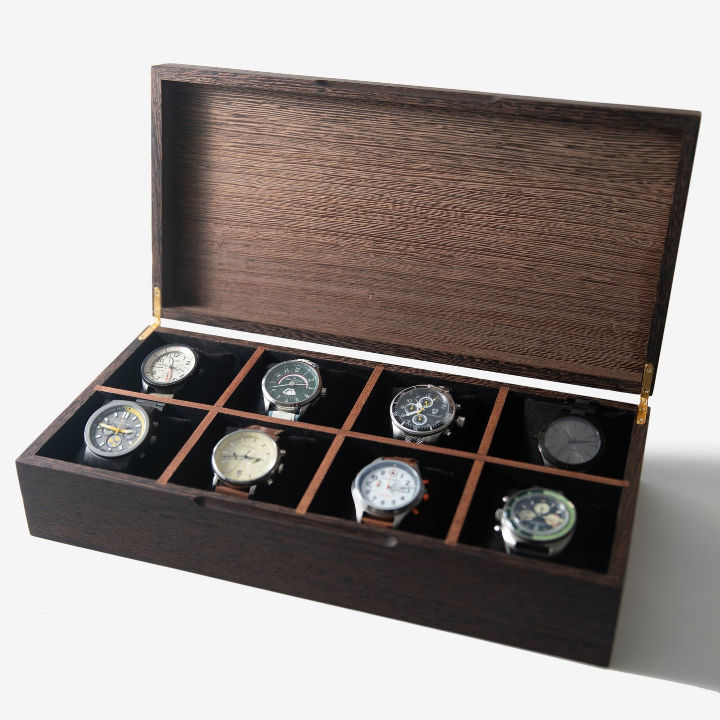 Wenge Hardwood Watch Box - 8 Watch Compartments - Soft-Pillowed Base - Personalized Gift